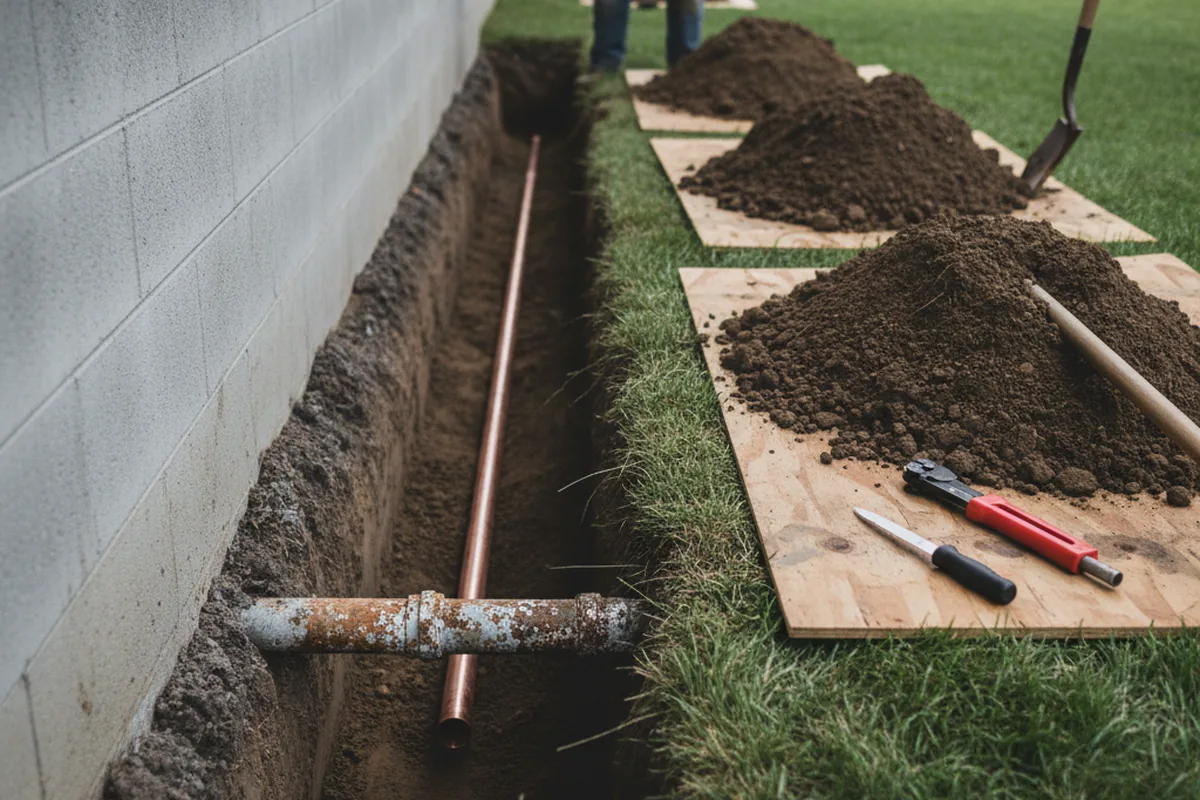 Excavated water line trench during Sewer Line Repair in Country Club Hills